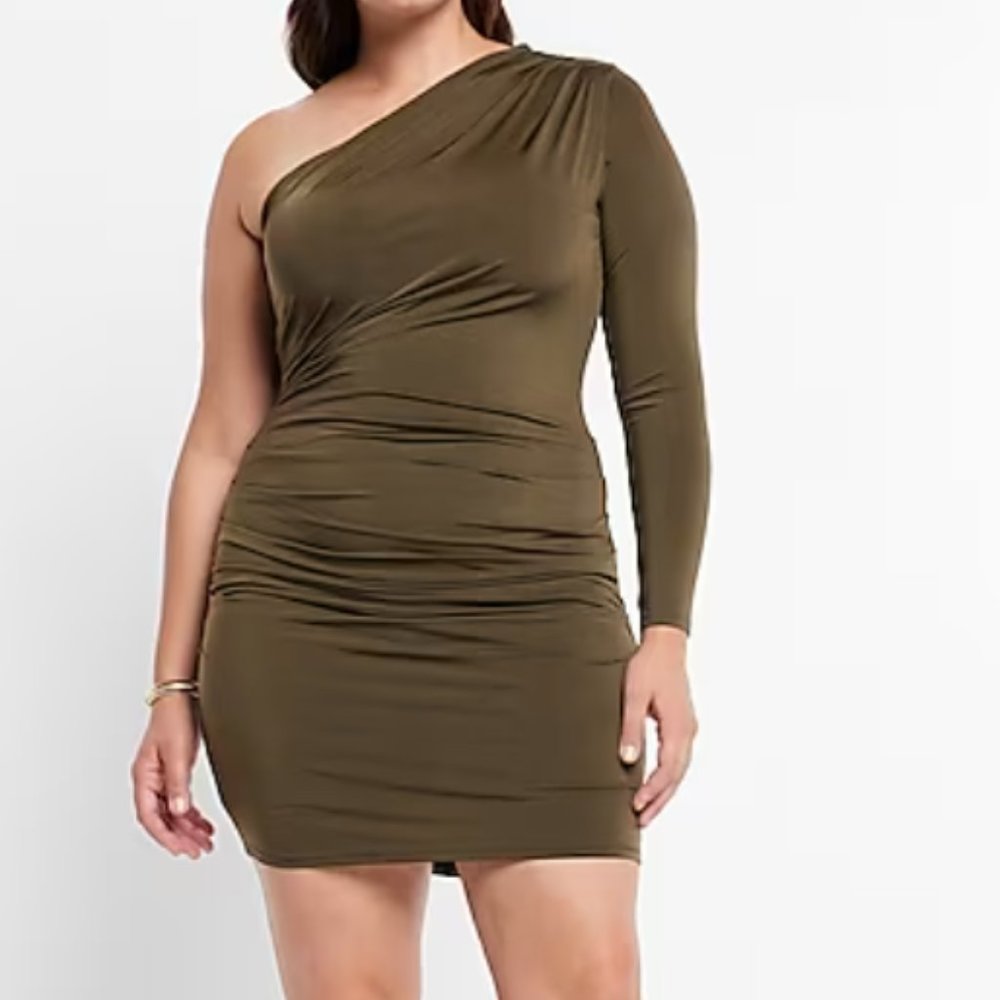 NWT Express Body Contour One Shoulder Ruched Mini Dress Olive Green - XL